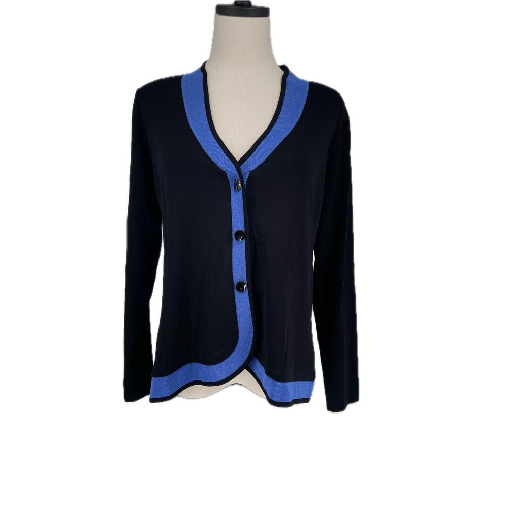 Exclusively Misook Black Royal Blue Trim Button‎ Acrylic Cardigan Size S